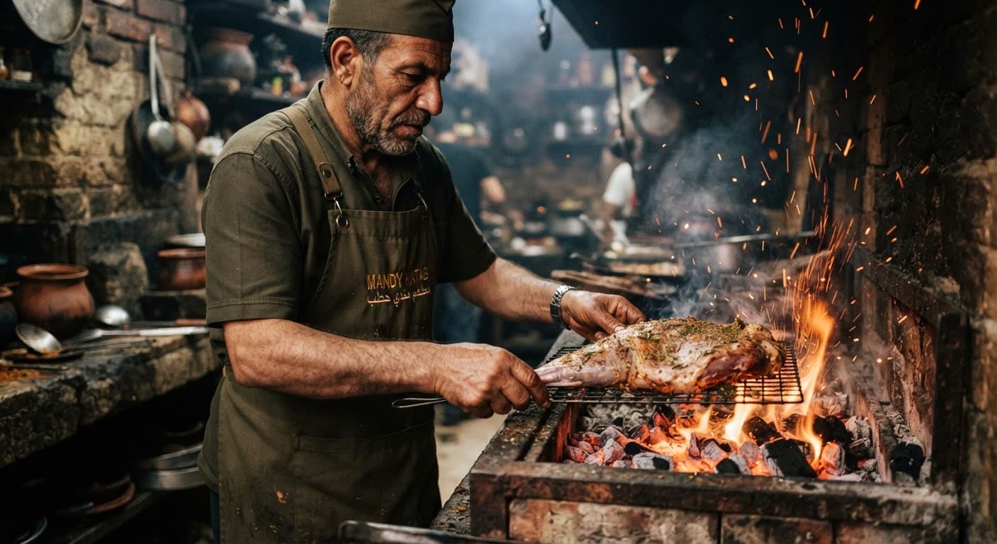 Chef tending charcoal in a traditional pit at Mandy Hatab.
